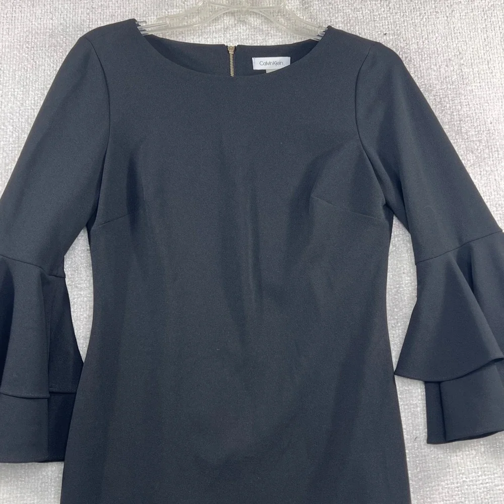 Calvin Klein Black Tiered Ruffle Bell Sleeve Sheath Dress Size 4 CD8C117C